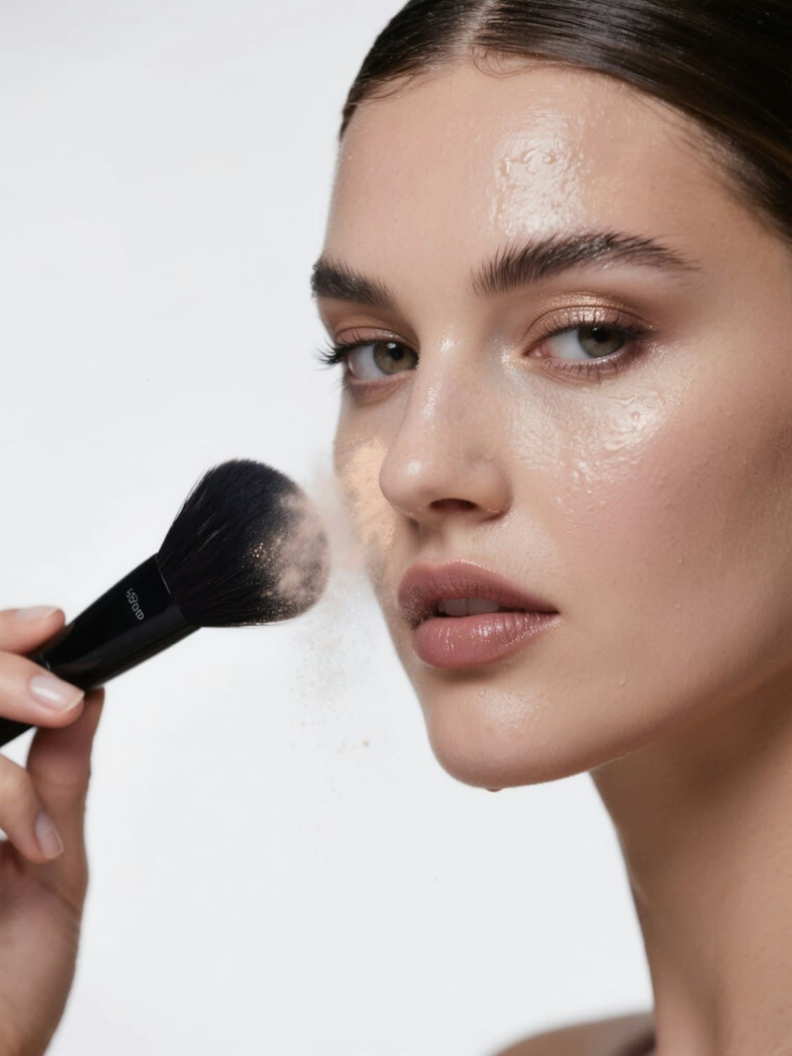 Makeup artist applying an HD makeup base with a brush